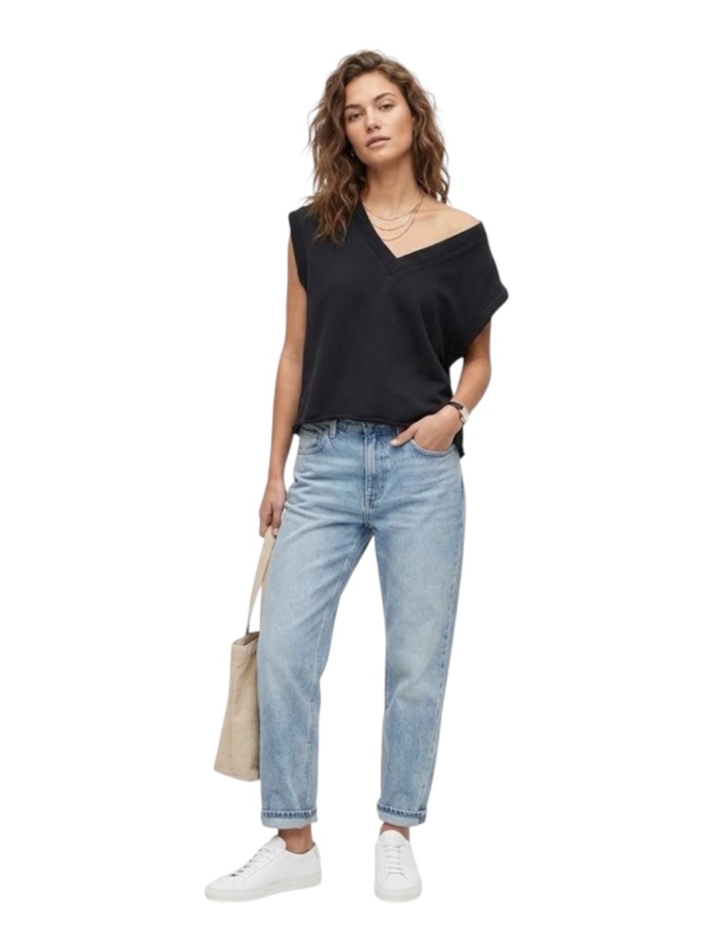 Maeve V Neck Sweatshirt Vest XL Black Organic Cotton Effortless Raw Edge Grunge